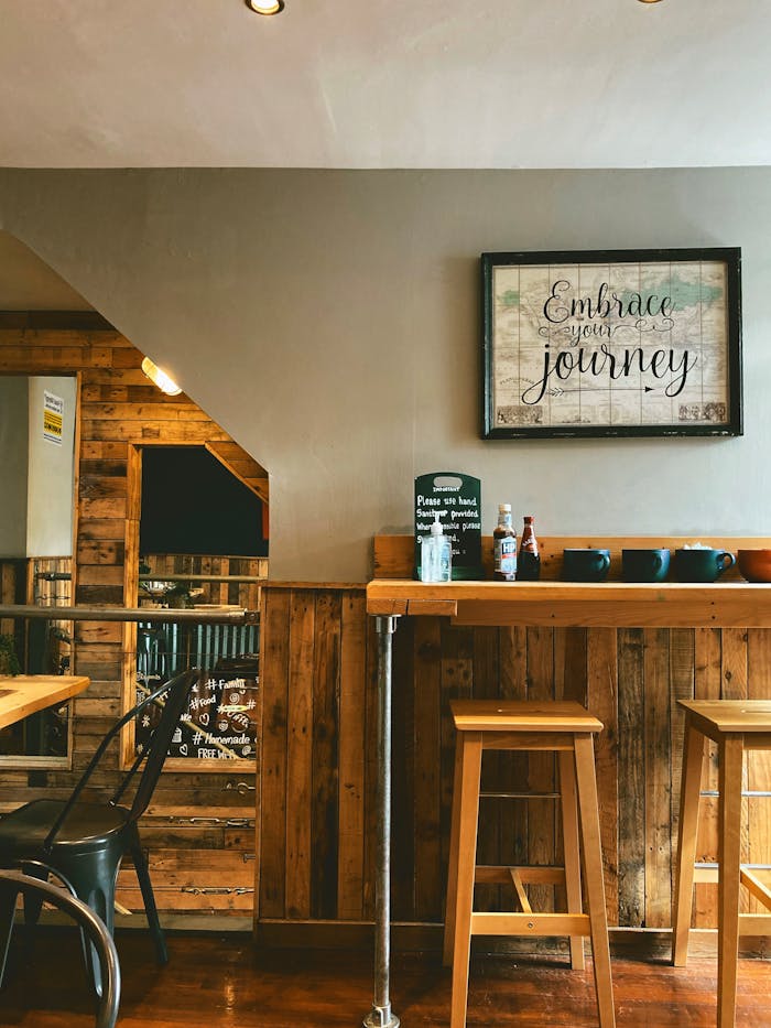 Cozy cafeteria decorated with picture of wall